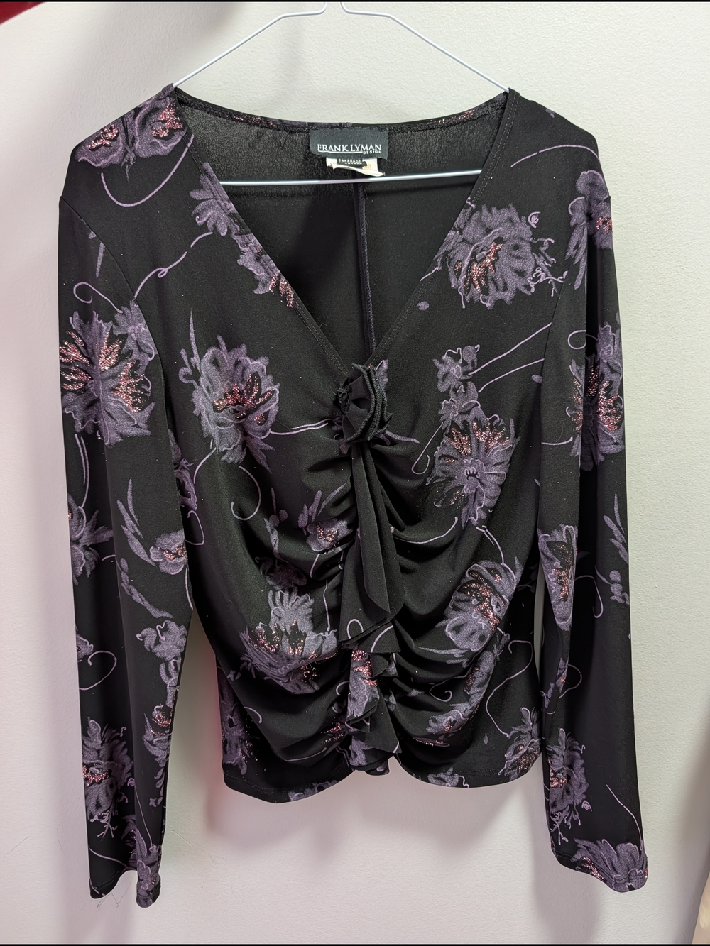 Frank Lyman Black Floral Ruched V-Neck Top